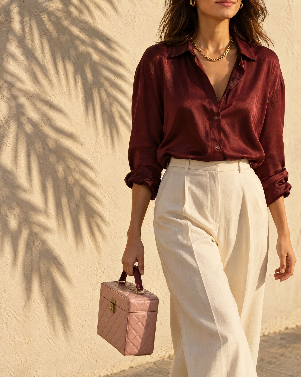 A woman walking with the quilted blush case