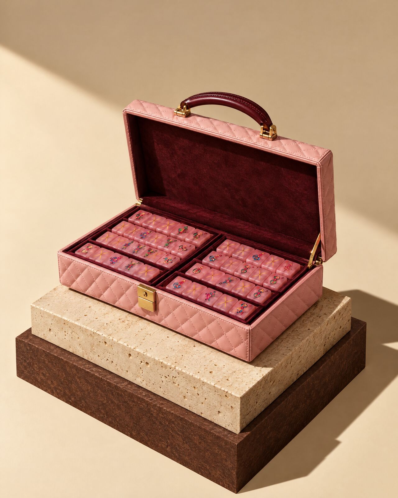 A quilted blush case with brass clasp, open to show rows of pink tiles