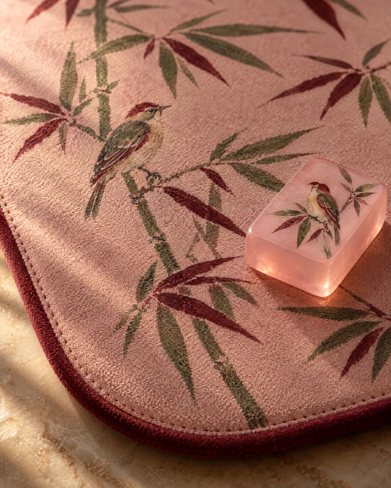 Close-up of the Bam Garden mat corner: a painted songbird, bamboo leaves, oxblood piping and a pink tile