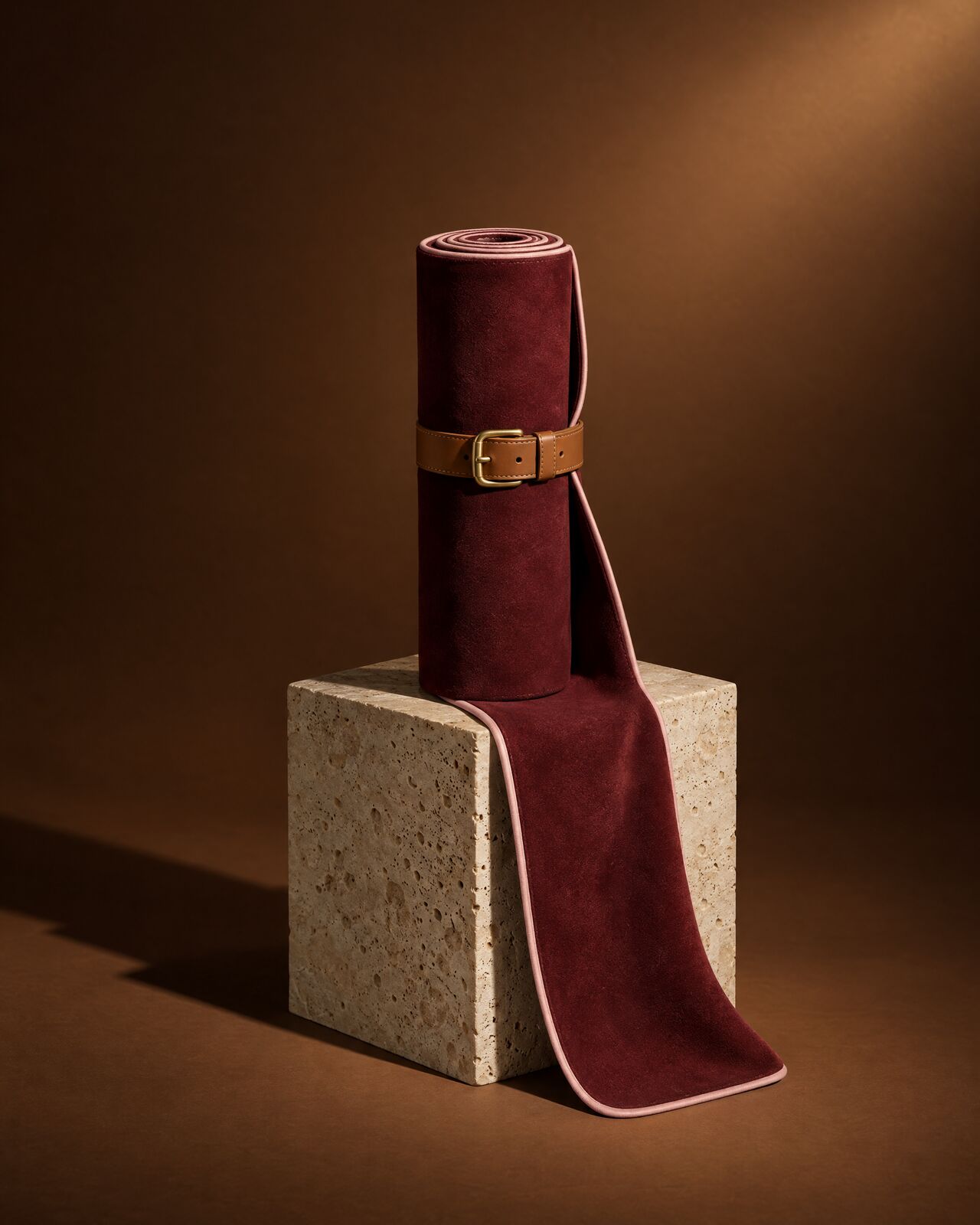 An oxblood suede mahjong mat rolled upright on a travertine block, the end draped down its face