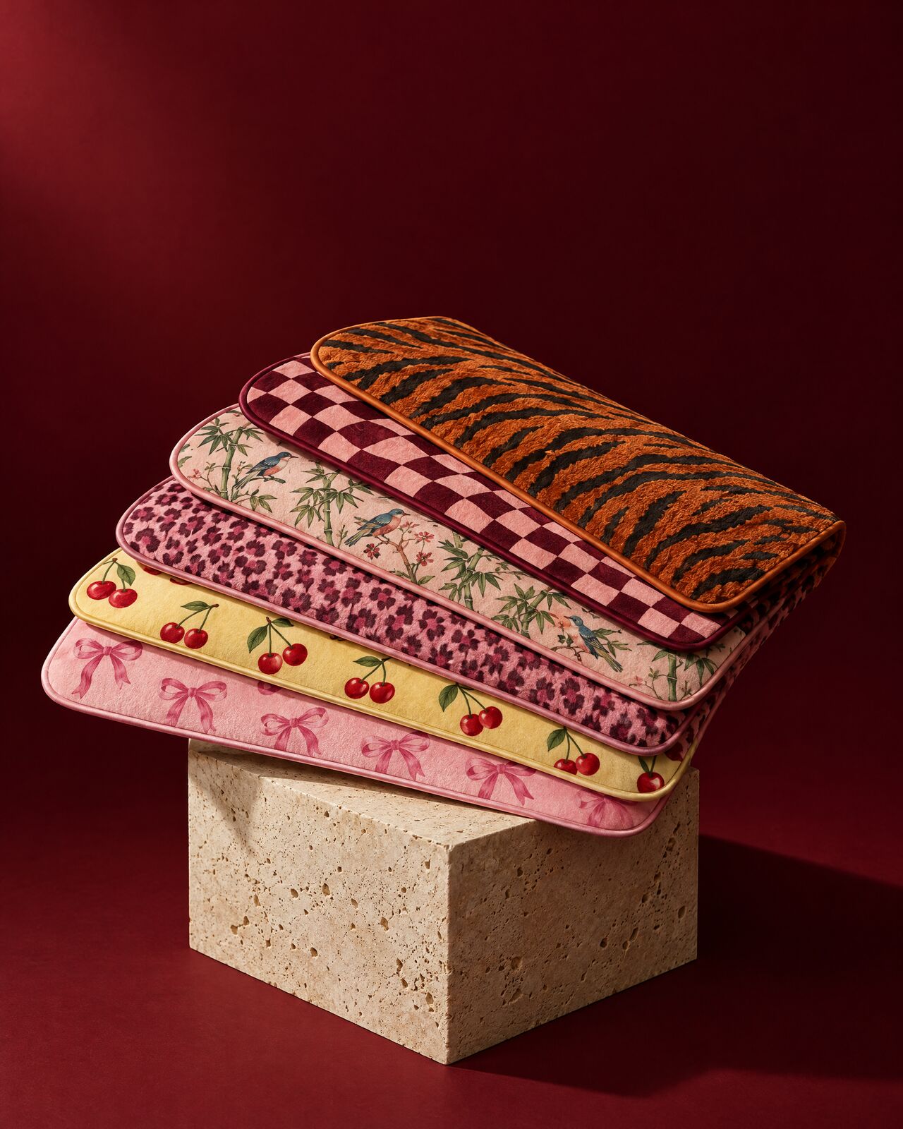 Six folded mats in different prints fanned out on a travertine block