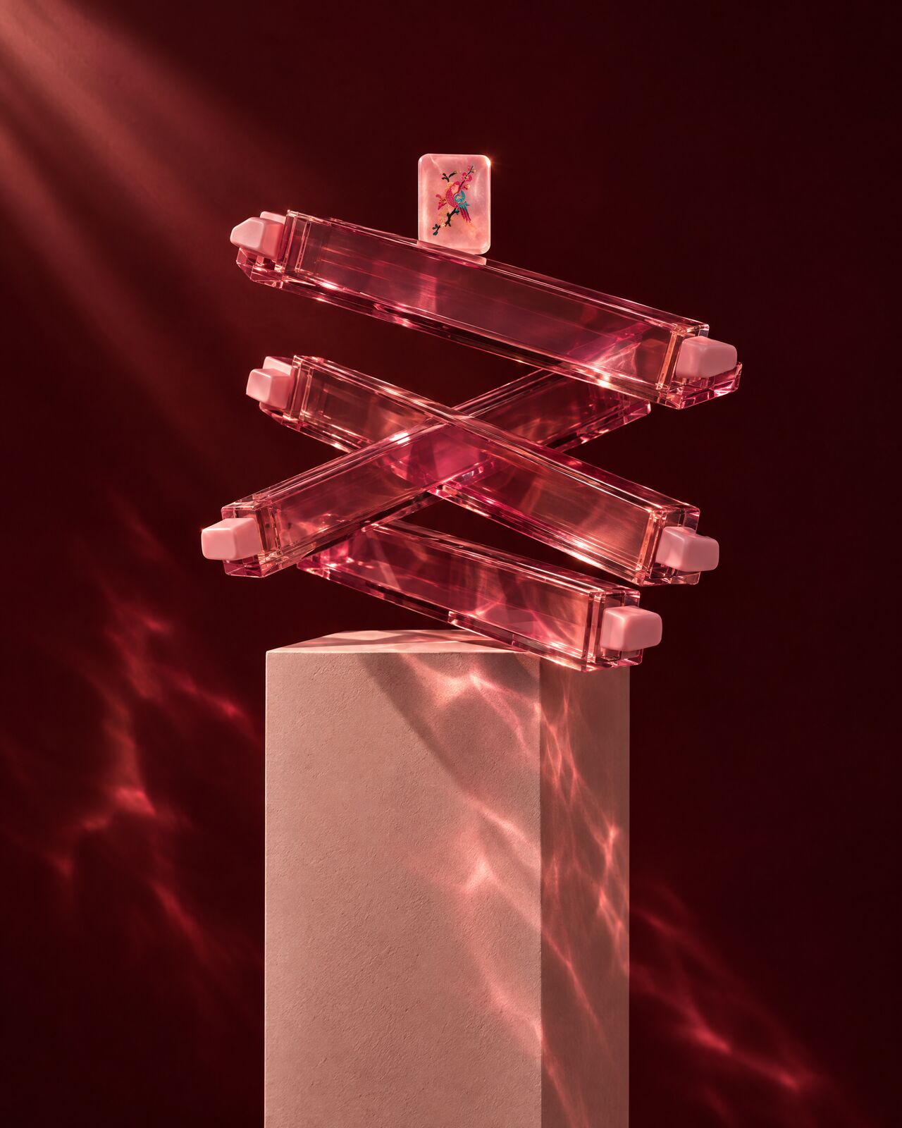 Four smoked rose acrylic racks stacked crosswise on a plinth, throwing pink light