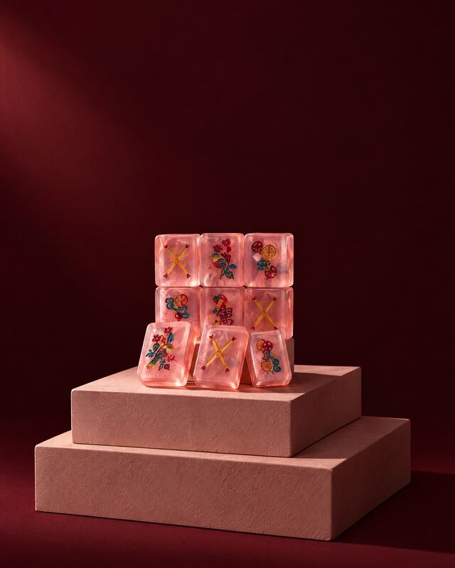 Frosted blush tiles on stacked plinths
